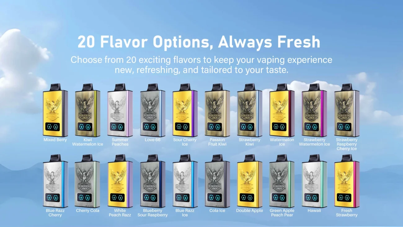 JNR Mega Box Pro vapes in 20 different flavors displayed in two rows against a blue sky background, featuring options like Mixed Berry, Kiwi Watermelon Ice, Love 66, and Fresh Strawberry