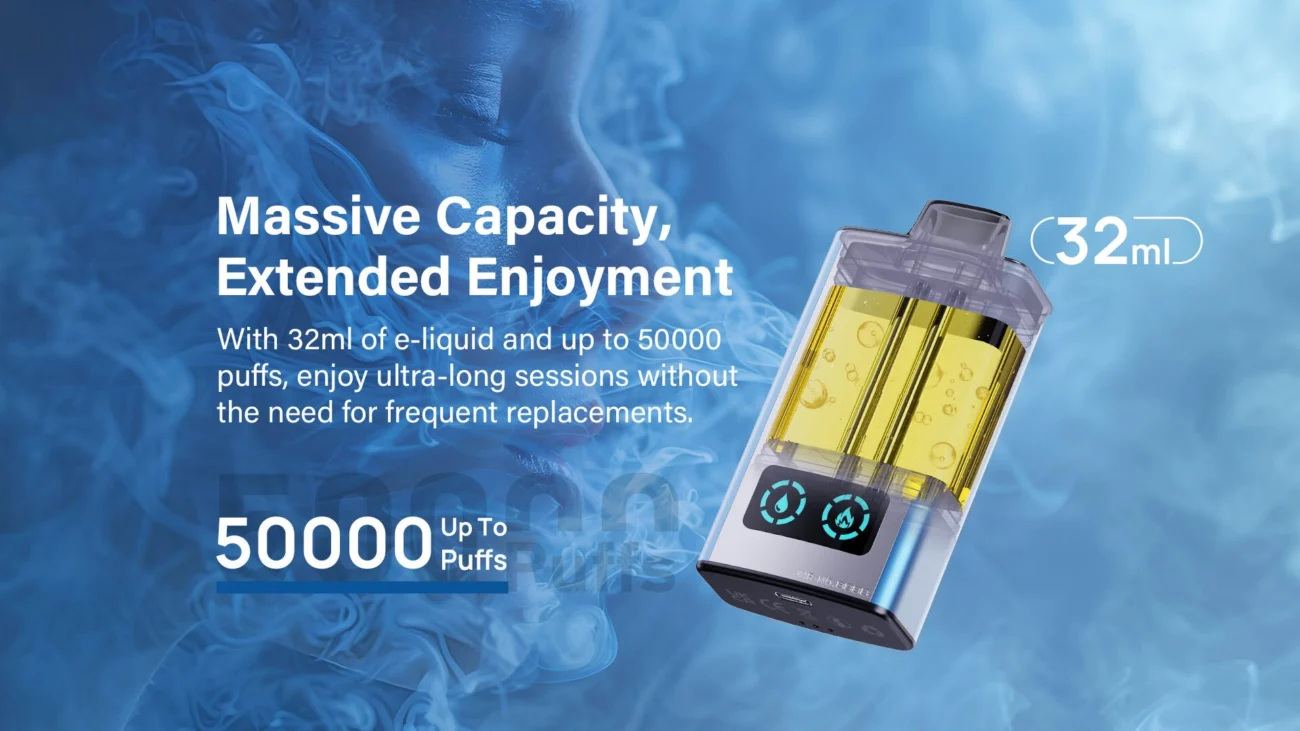 JNR Mega Box Pro vape device showcasing 32ml e-liquid capacity and up to 50,000 puffs, set against a blue smoky background emphasizing extended vaping performance