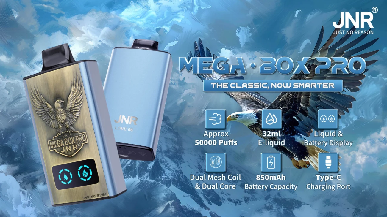 JNR Mega Box Pro vape devices showcasing metallic finish and eagle emblem, highlighting 50,000 puffs, 32ml e-liquid, dual mesh coil, battery and liquid display, and Type-C charging