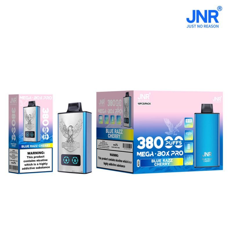 JNR Mega Box Pro Blue Razz Cherry disposable vape device in silver-blue design shown with single package and 10-pack box, labeled 380 puffs and JNR logo