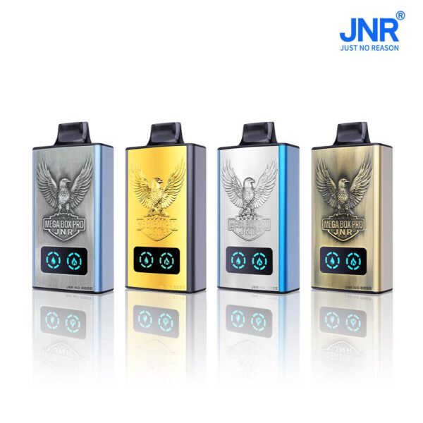 JNR Mega Box Pro Blue Razz Cherry vape device displayed with single and 10-pack packaging, featuring silver-blue design and labeled 380 puffs