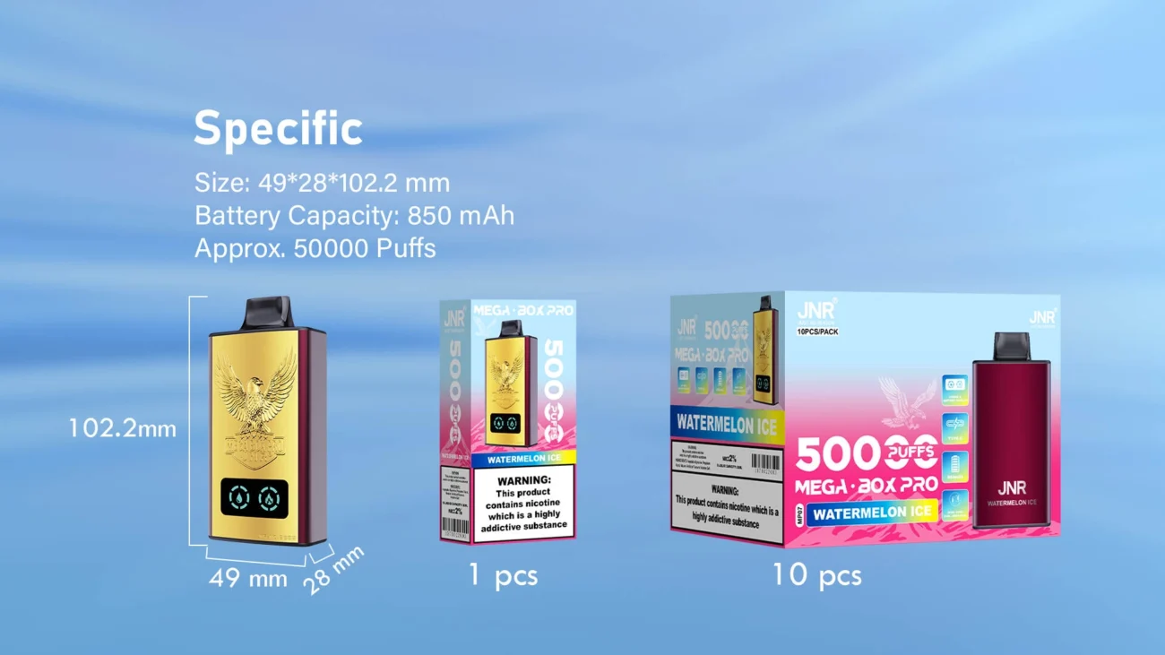 JNR Mega Box Pro Watermelon Ice vape device with gold eagle design displayed alongside packaging boxes, showcasing specs of 49×28×102.2mm size, 850mAh battery, and 50,000 puffs capacity