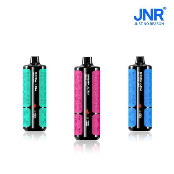 Three JNR Shisha Ultra 45K disposable vape devices in green, pink, and blue colors with LED battery display and sleek cylindrical design