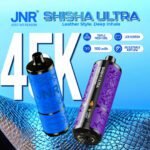 Two JNR Shisha Ultra 45K leather-style disposable vape devices in blue and purple colors, featuring triple mesh coil, LED display, adjustable airflow, and 1100mAh rechargeable battery
