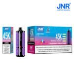 JNR Shisha Ultra 45K Summer Peaches disposable vape with individual packaging and retail box, showing LED display and vibrant purple design