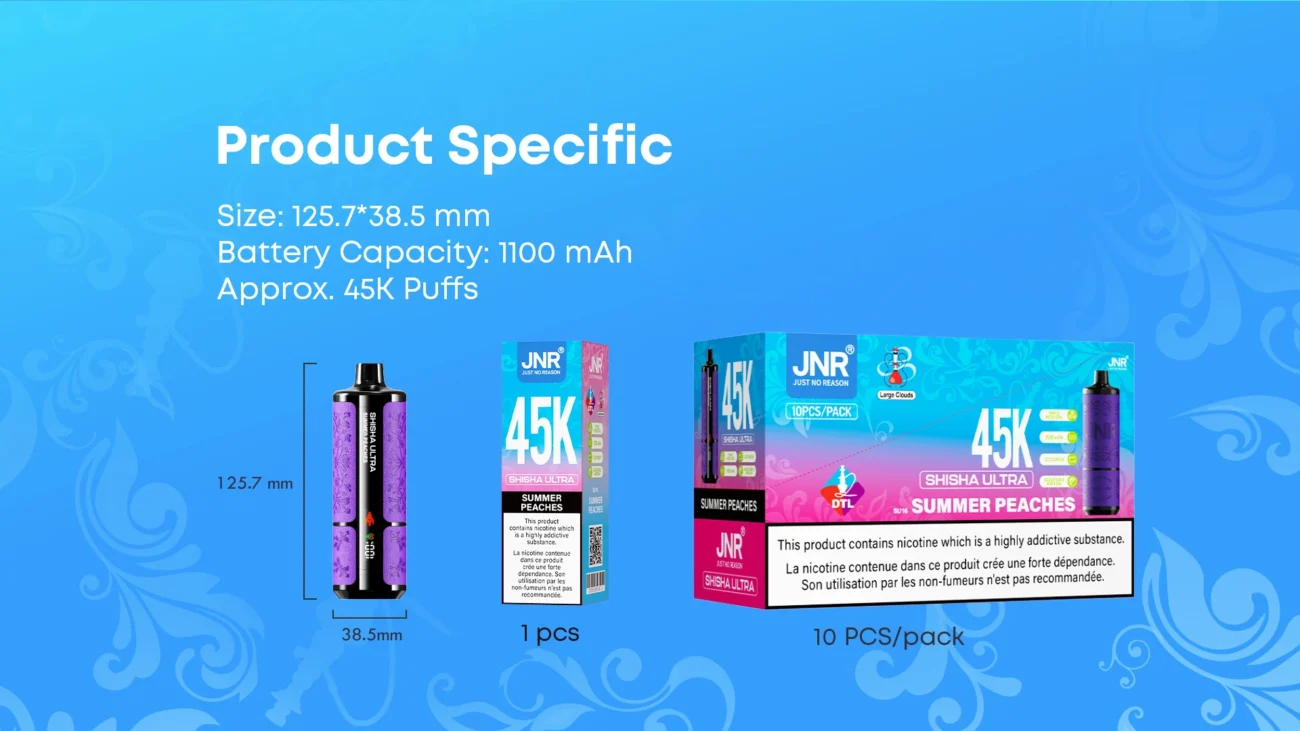 JNR Shisha Ultra 45K Summer Peaches disposable vape shown with dimension details, battery capacity of 1100mAh, and packaging options for single and 10-piece packs
